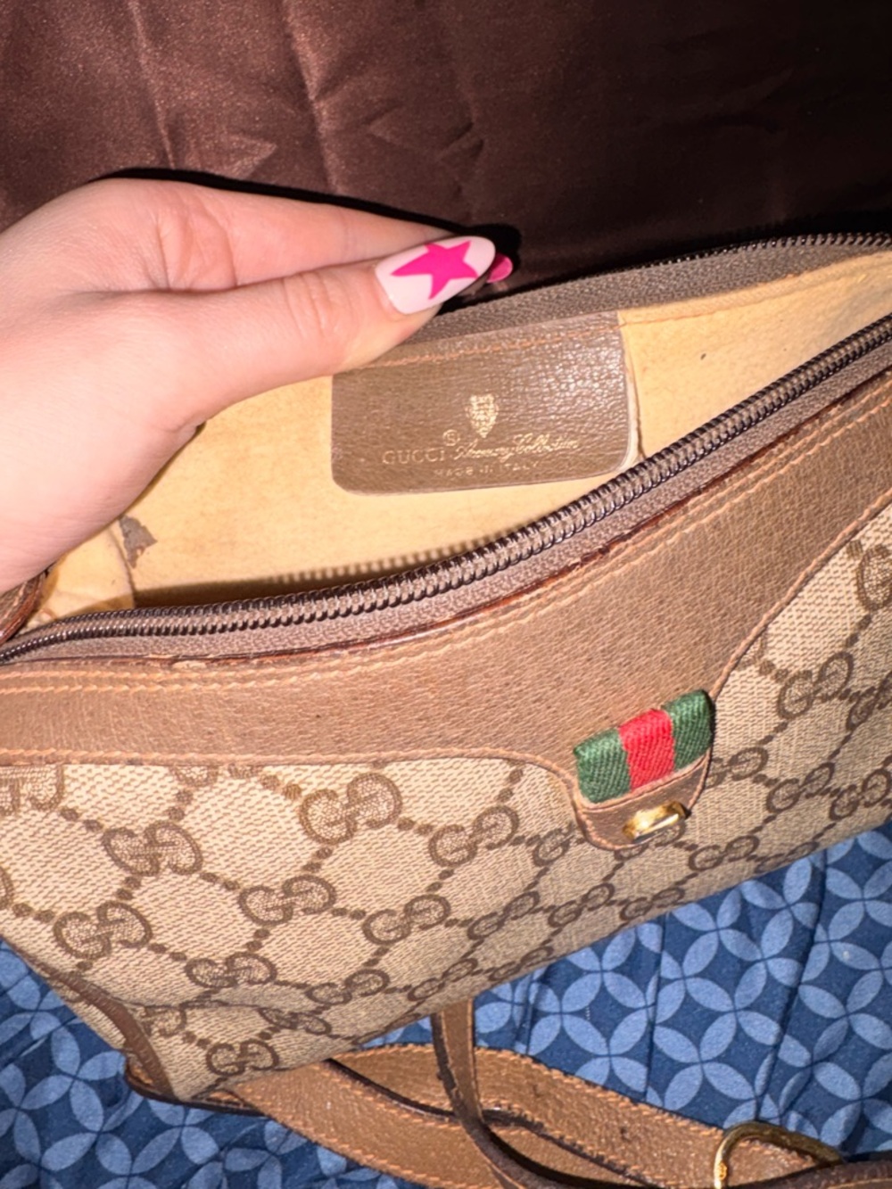 Gucci Brown Beige GG Canvas Shoulder Bag with Green-Red Web